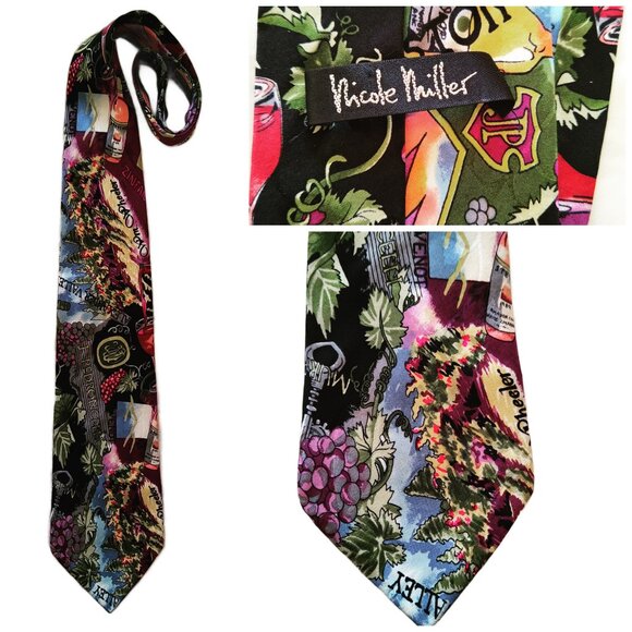Vintage 90s Nicole Miller Silk Wine Themed Novelty Print Tie - Picture 1 of 7